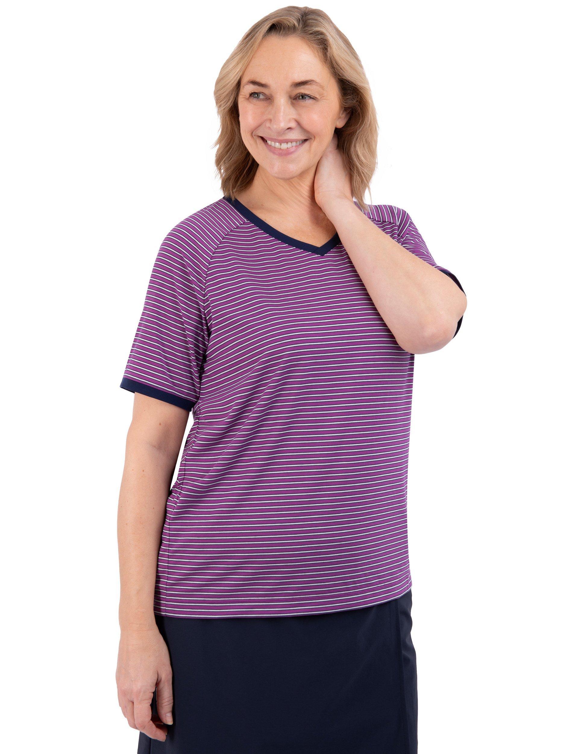 Product image 1 of 7, which shows Rohan Seashore Short Sleeve V-Neck Striped T-Shirt, Allium Purple, XS