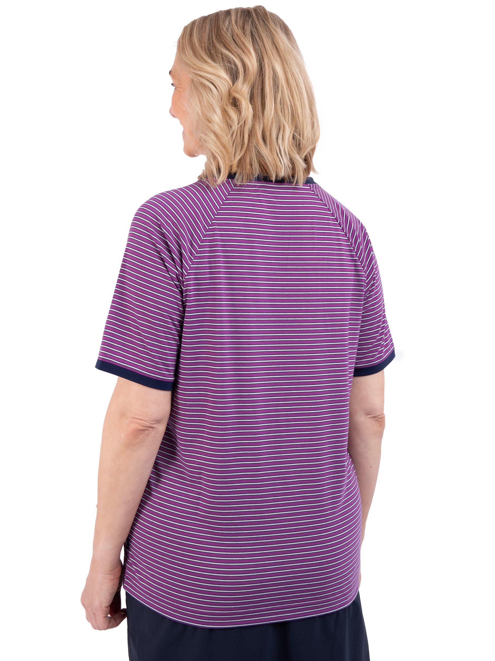 Product image 2 of 7, which shows Rohan Seashore Short Sleeve V-Neck Striped T-Shirt, Allium Purple, XS