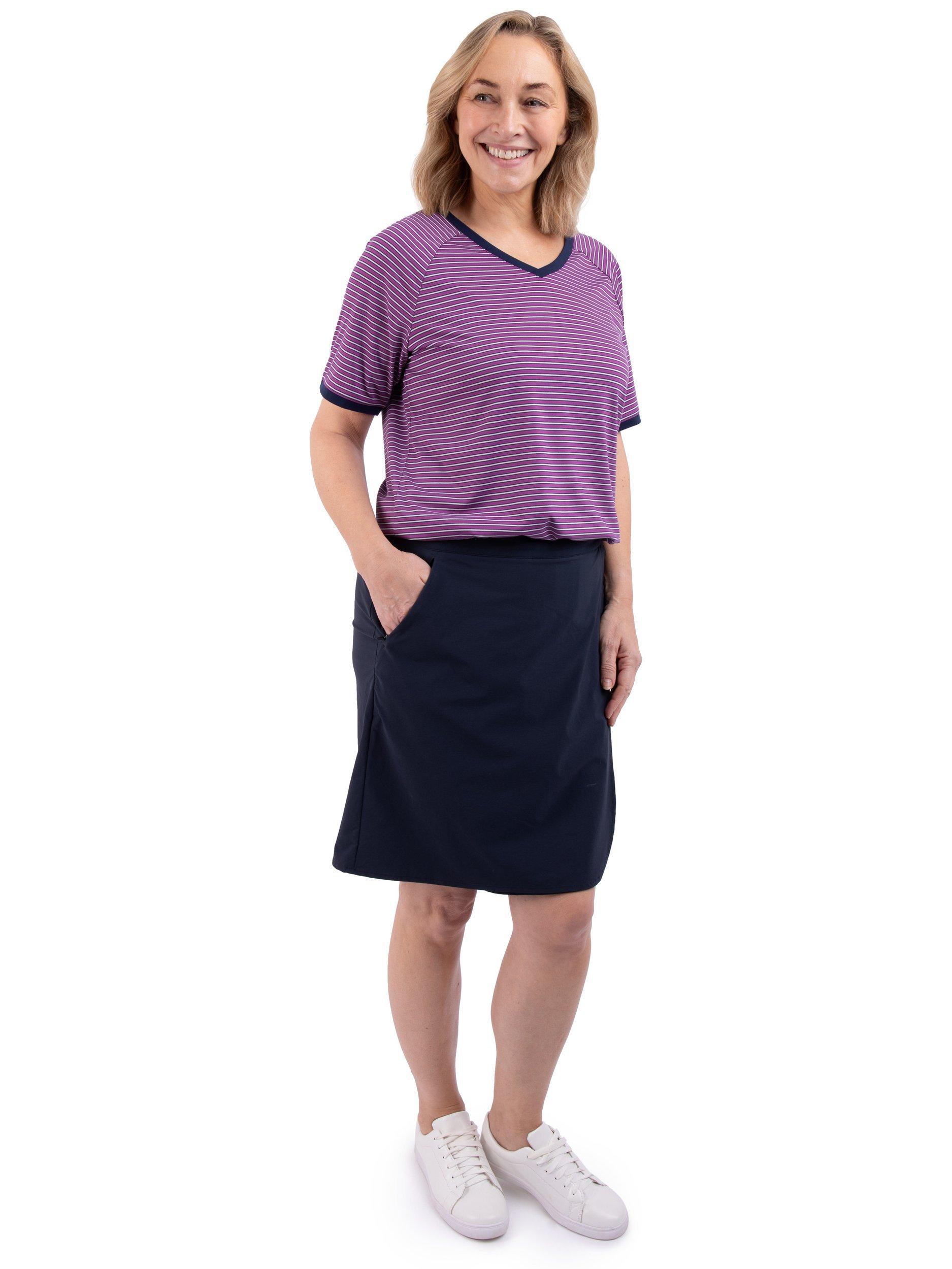 Product image 3 of 7, which shows Rohan Seashore Short Sleeve V-Neck Striped T-Shirt, Allium Purple, XS