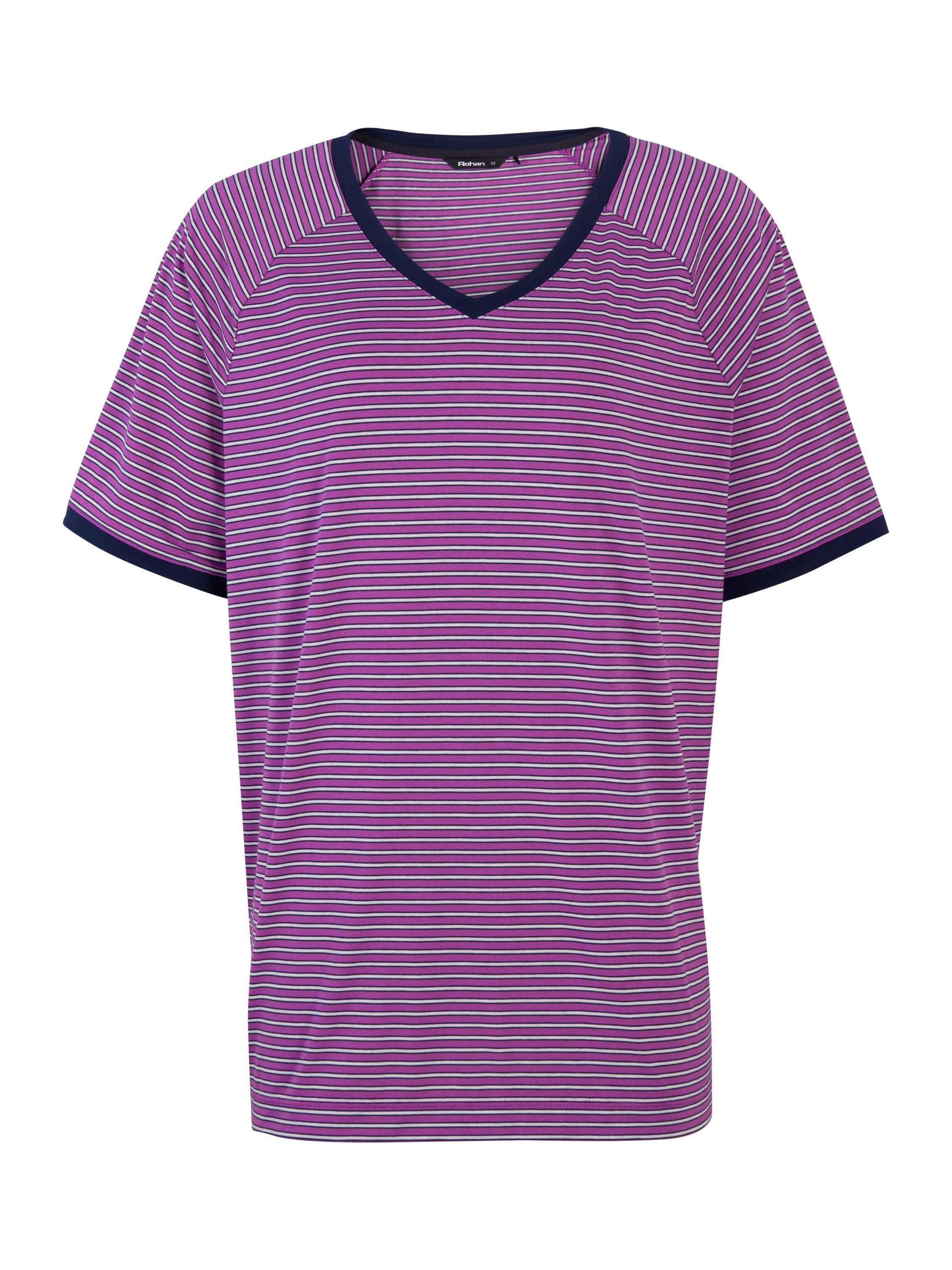 Product image 4 of 7, which shows Rohan Seashore Short Sleeve V-Neck Striped T-Shirt, Allium Purple, XS