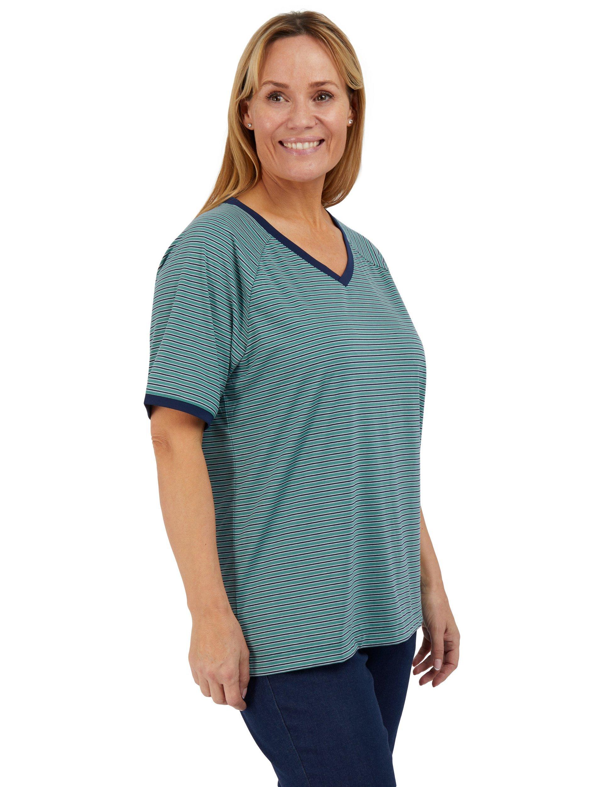 Product image 1 of 6, which shows Rohan Seashore Short Sleeve V-Neck Striped T-Shirt, Wave Green/Blue, XS