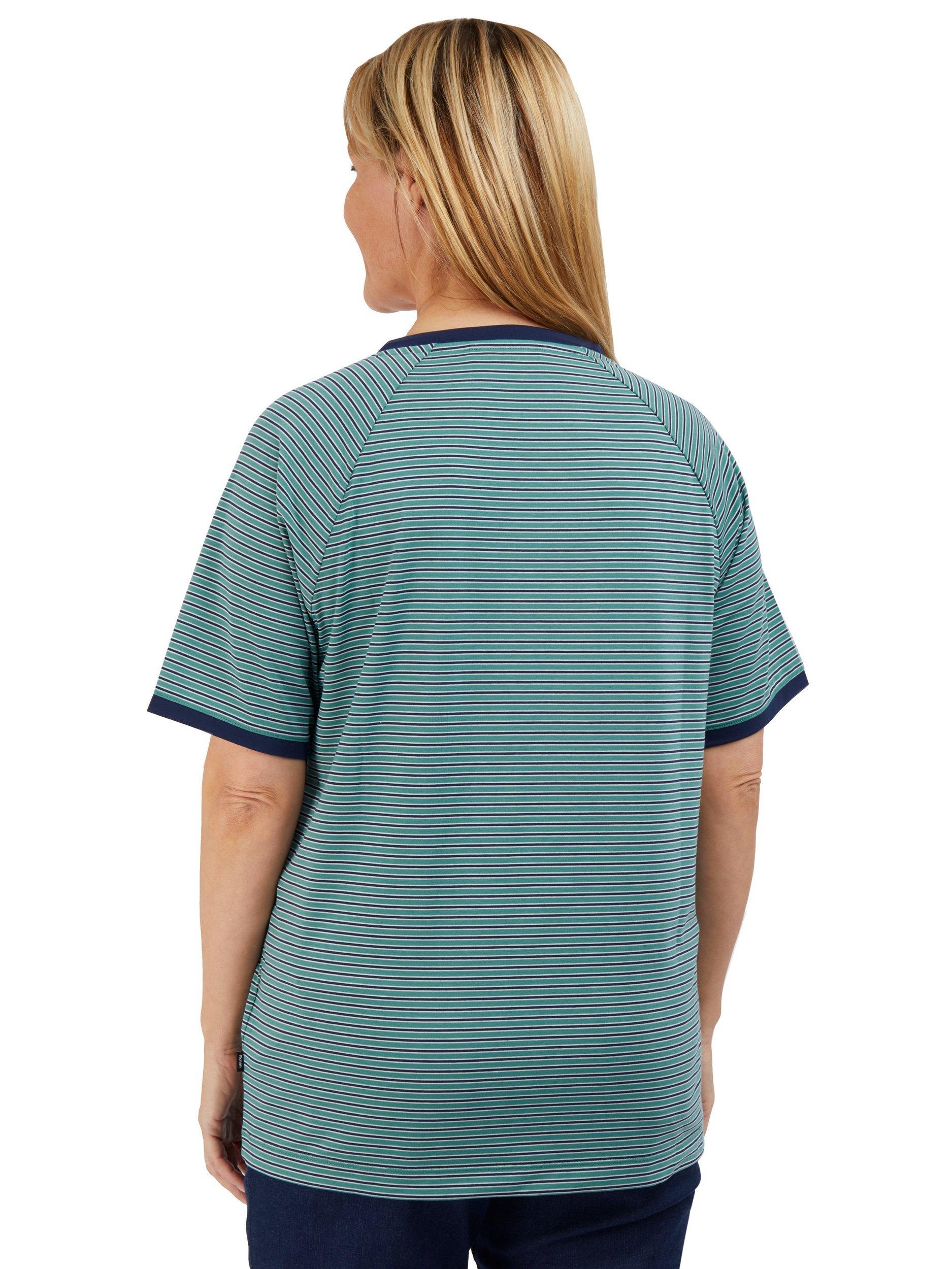 Product image 2 of 6, which shows Rohan Seashore Short Sleeve V-Neck Striped T-Shirt, Wave Green/Blue, XS