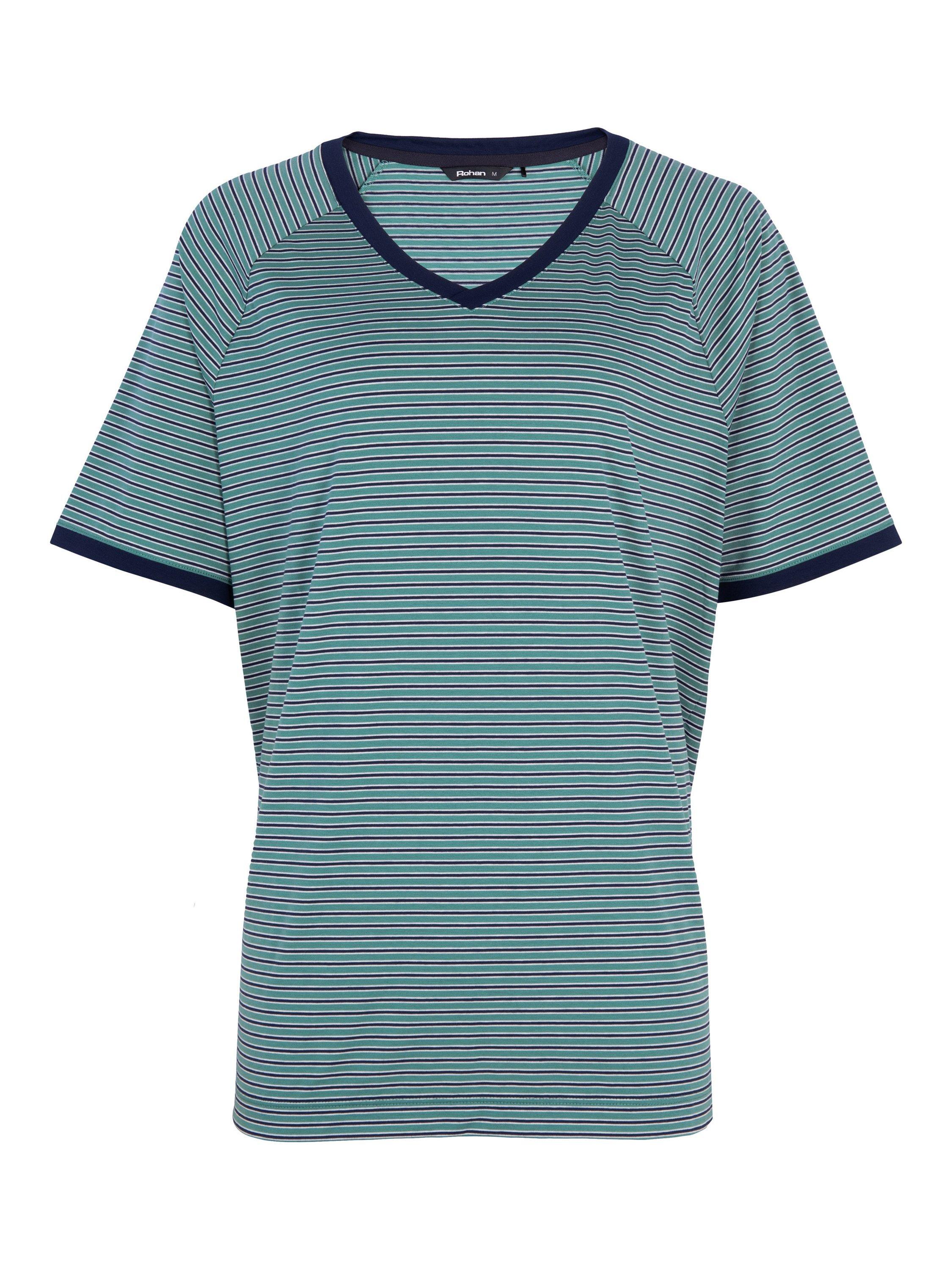 Product image 3 of 6, which shows Rohan Seashore Short Sleeve V-Neck Striped T-Shirt, Wave Green/Blue, XS