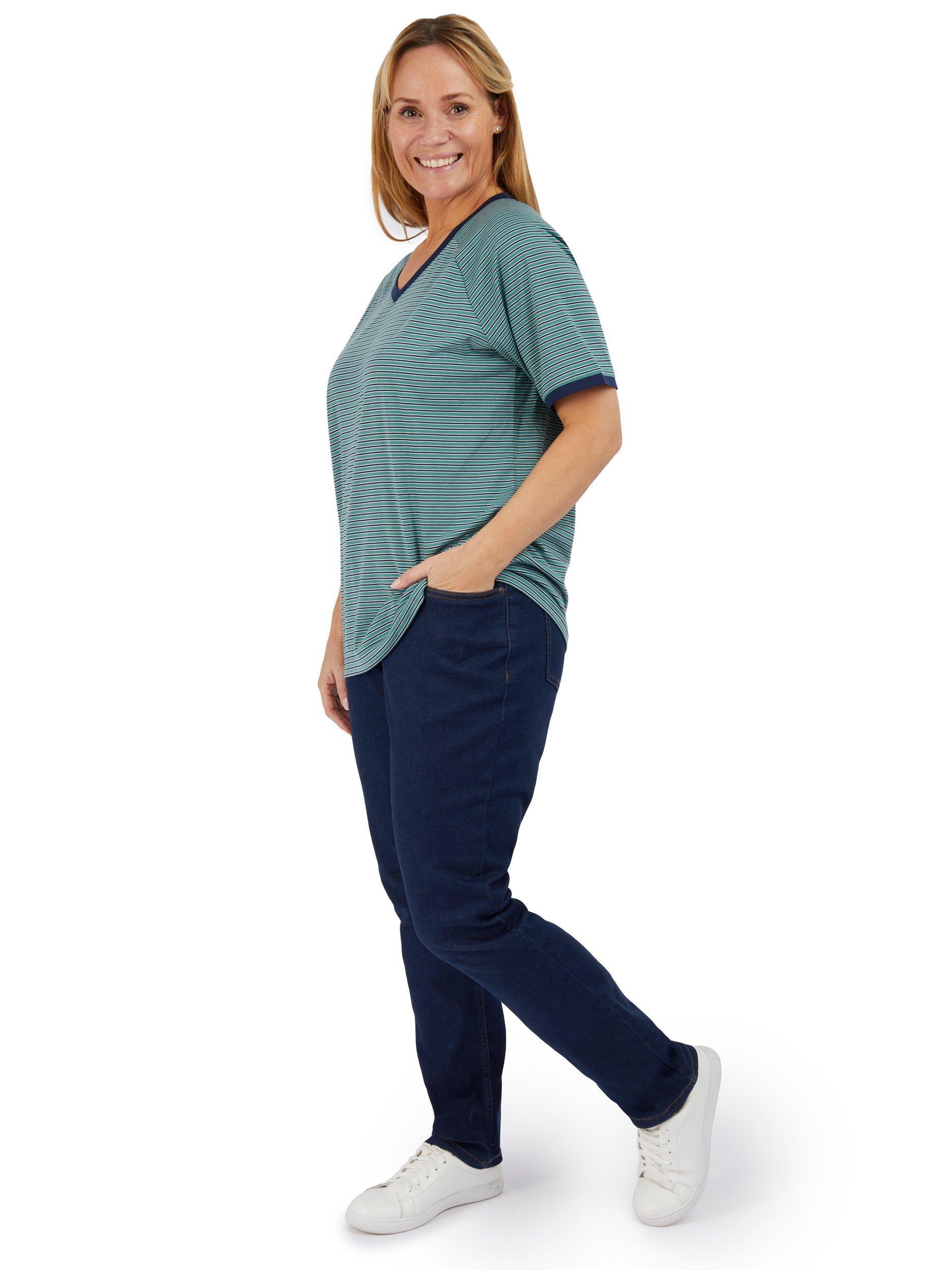 Product image 4 of 6, which shows Rohan Seashore Short Sleeve V-Neck Striped T-Shirt, Wave Green/Blue, XS