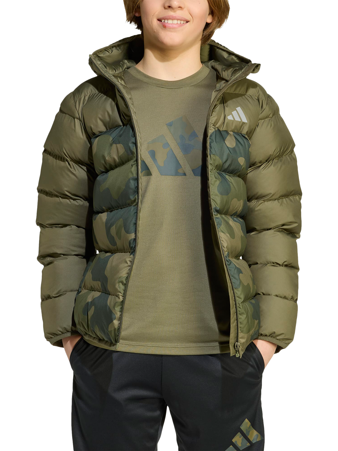 Product image 1 of 6, which shows adidas Kids' Hooded Puffer Jacket, Olive Strata, 9-10 years