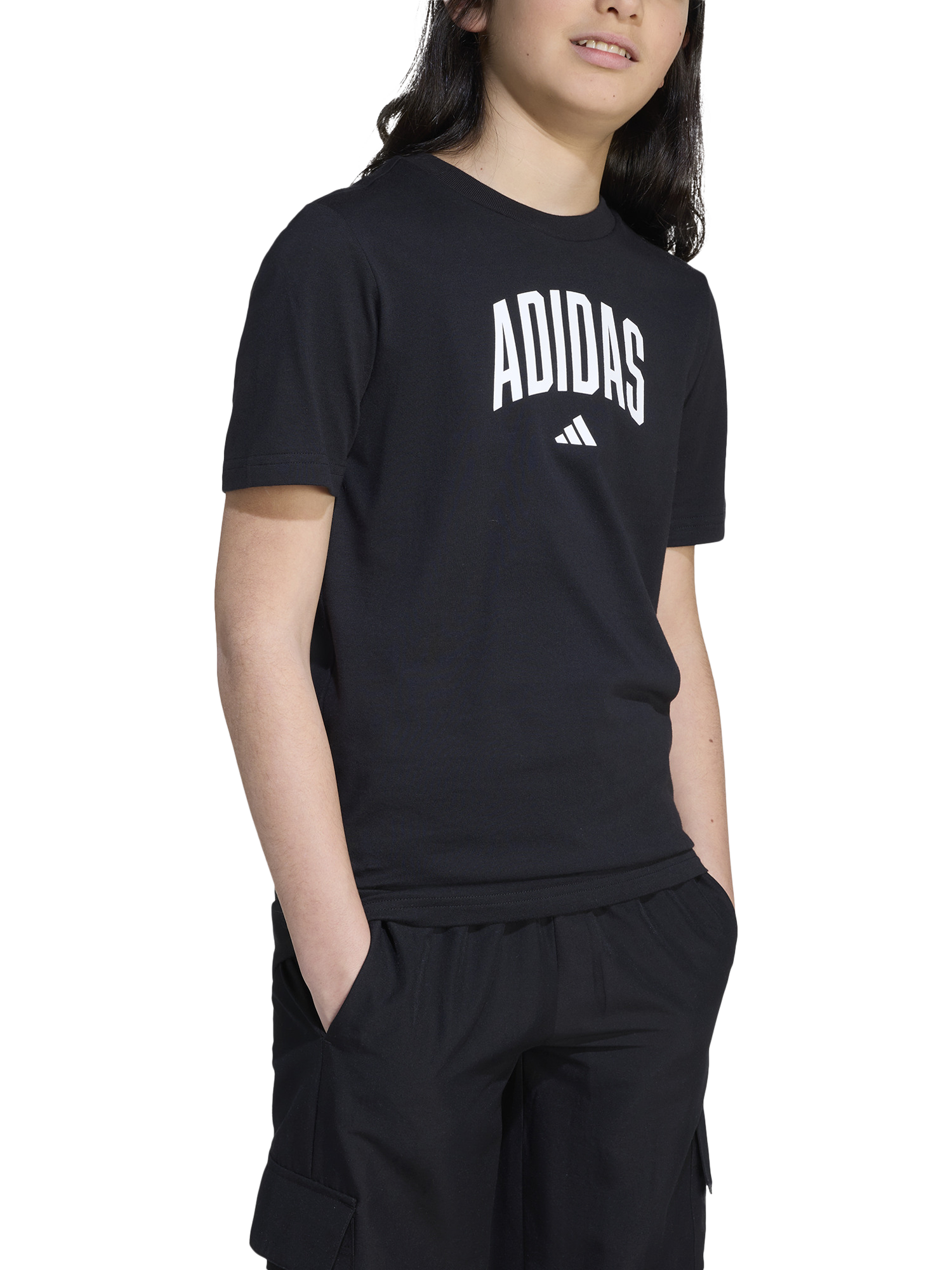 Product image 1 of 6, which shows adidas Kids' Cotton Collegiate Graphic T-Shirt, Black, 7-8 years