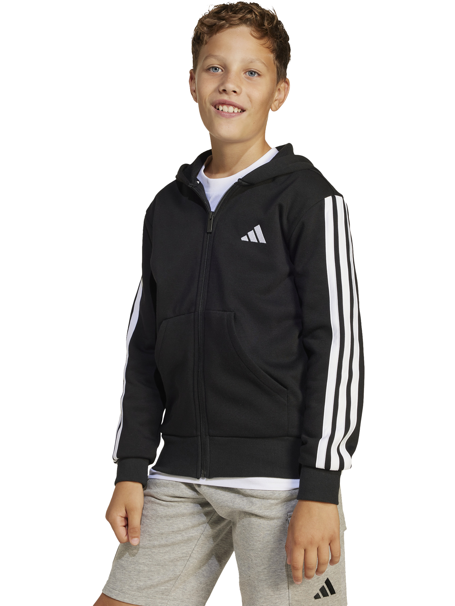 Product image 1 of 8, which shows adidas Kids' Cotton Blend Essentials Full Zip Hoodie, Black/White, 7-8 years