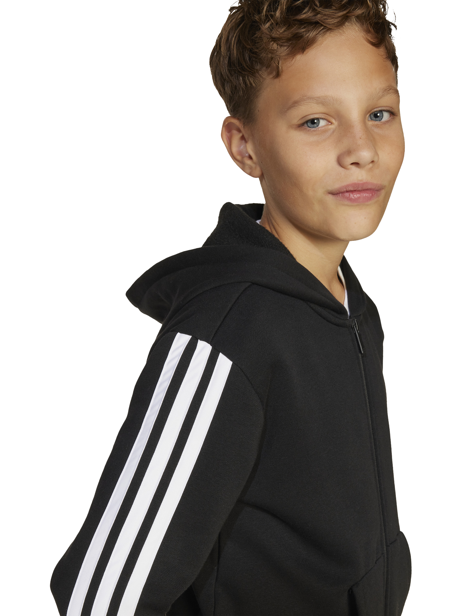 Product image 4 of 8, which shows adidas Kids' Cotton Blend Essentials Full Zip Hoodie, Black/White, 7-8 years
