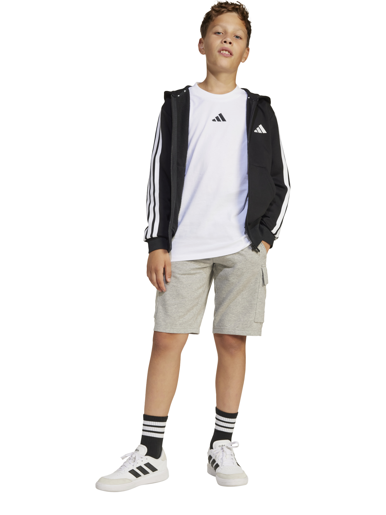 Product image 6 of 8, which shows adidas Kids' Cotton Blend Essentials Full Zip Hoodie, Black/White, 7-8 years