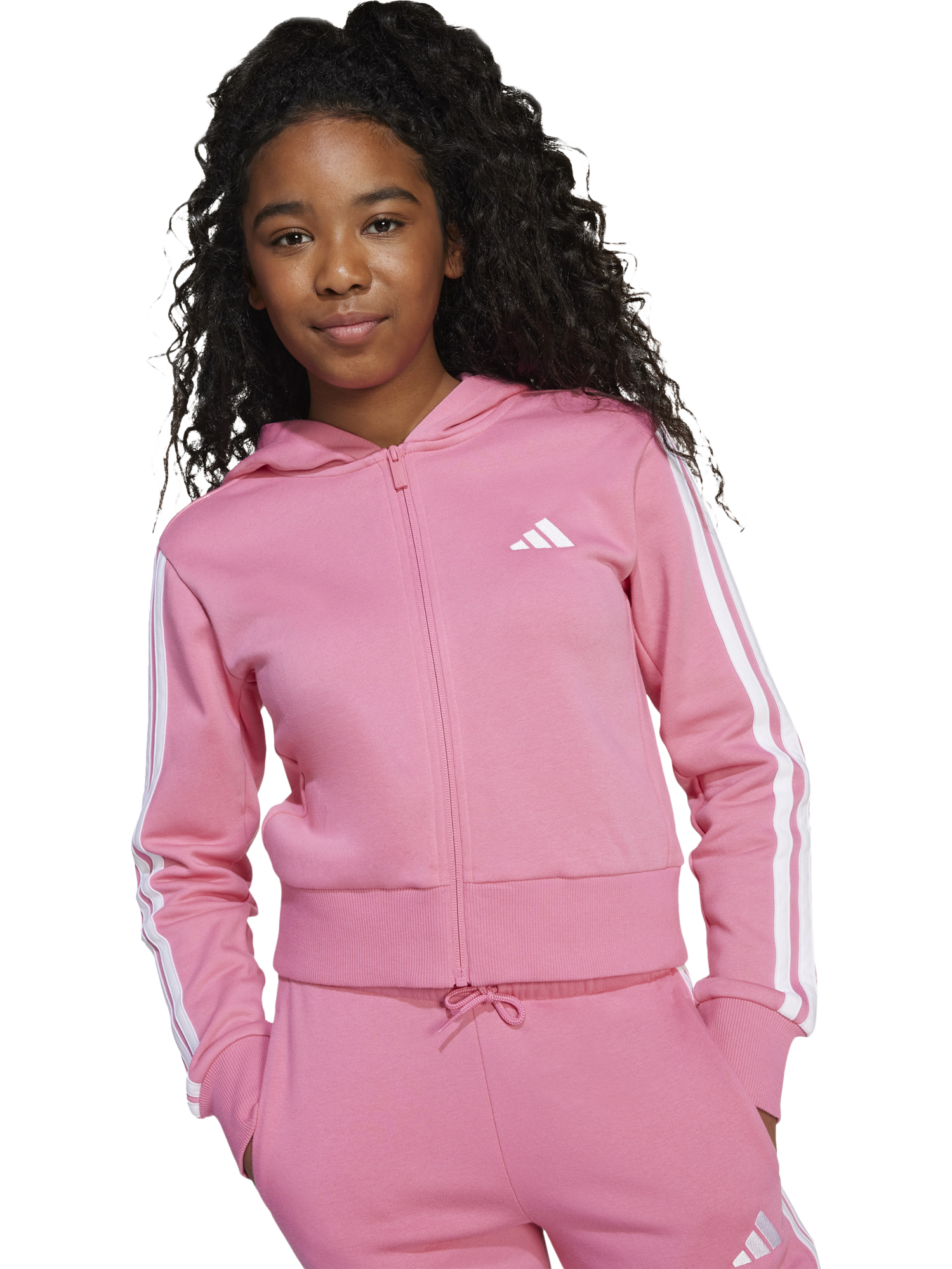 Product image 3 of 5, which shows adidas Kids' Cotton Blend Essentials Tracksuit, Pink/White, 7-8 years