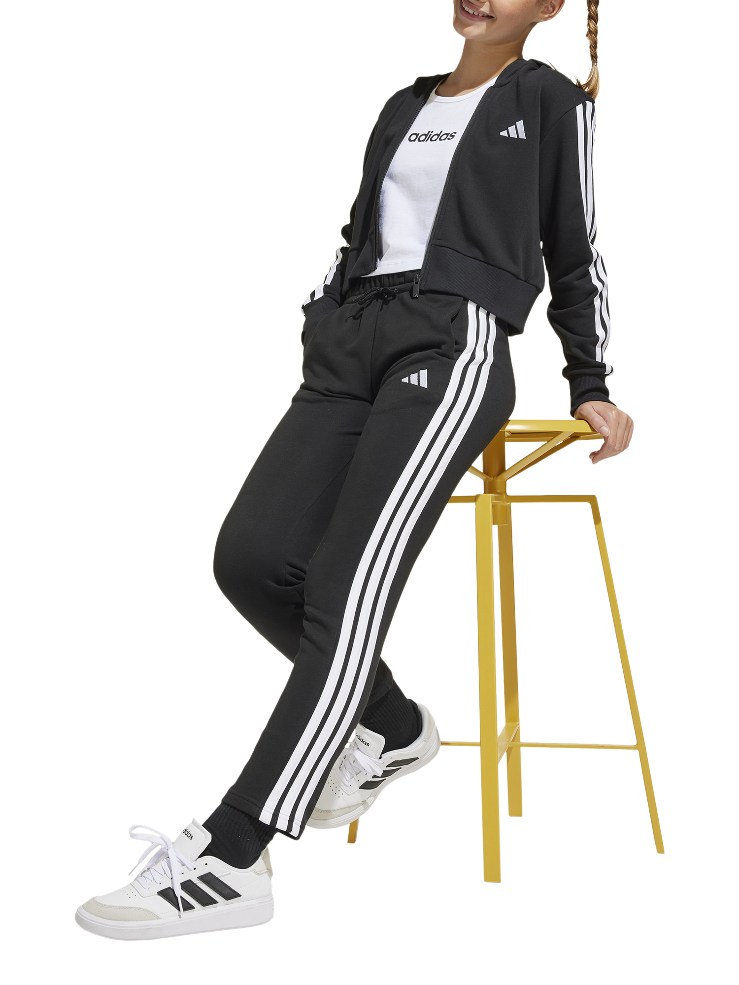 Product image 6 of 6, which shows addias Kids' Cotton Blend Essentials Full Zip Hoodie, Black/White, 7-8 years