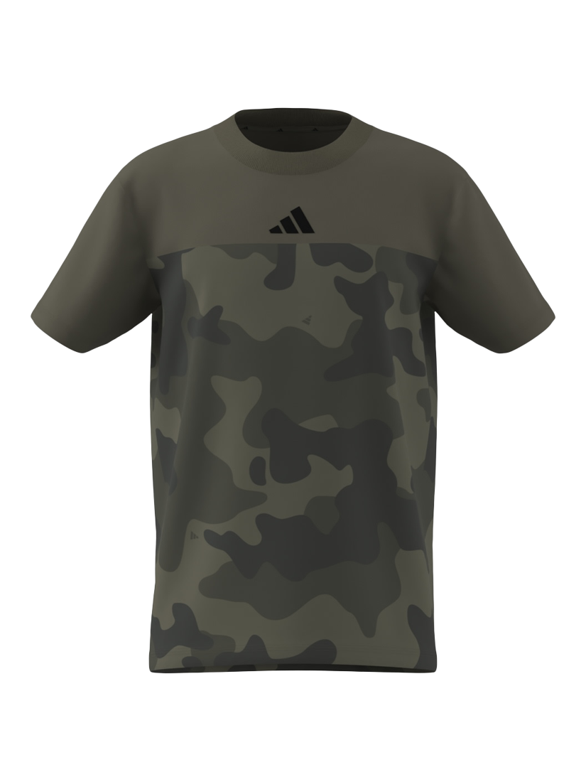 Product image 1 of 4, which shows adidas Kids' Cotton Seasonal Essentials Camo T-Shirt, Olive/Black, 7-8 years