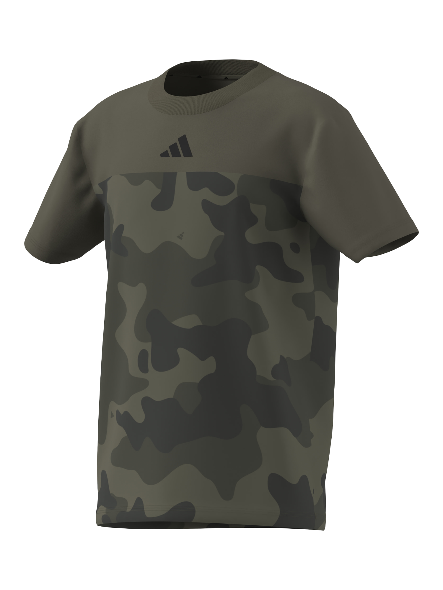 Product image 3 of 4, which shows adidas Kids' Cotton Seasonal Essentials Camo T-Shirt, Olive/Black, 7-8 years