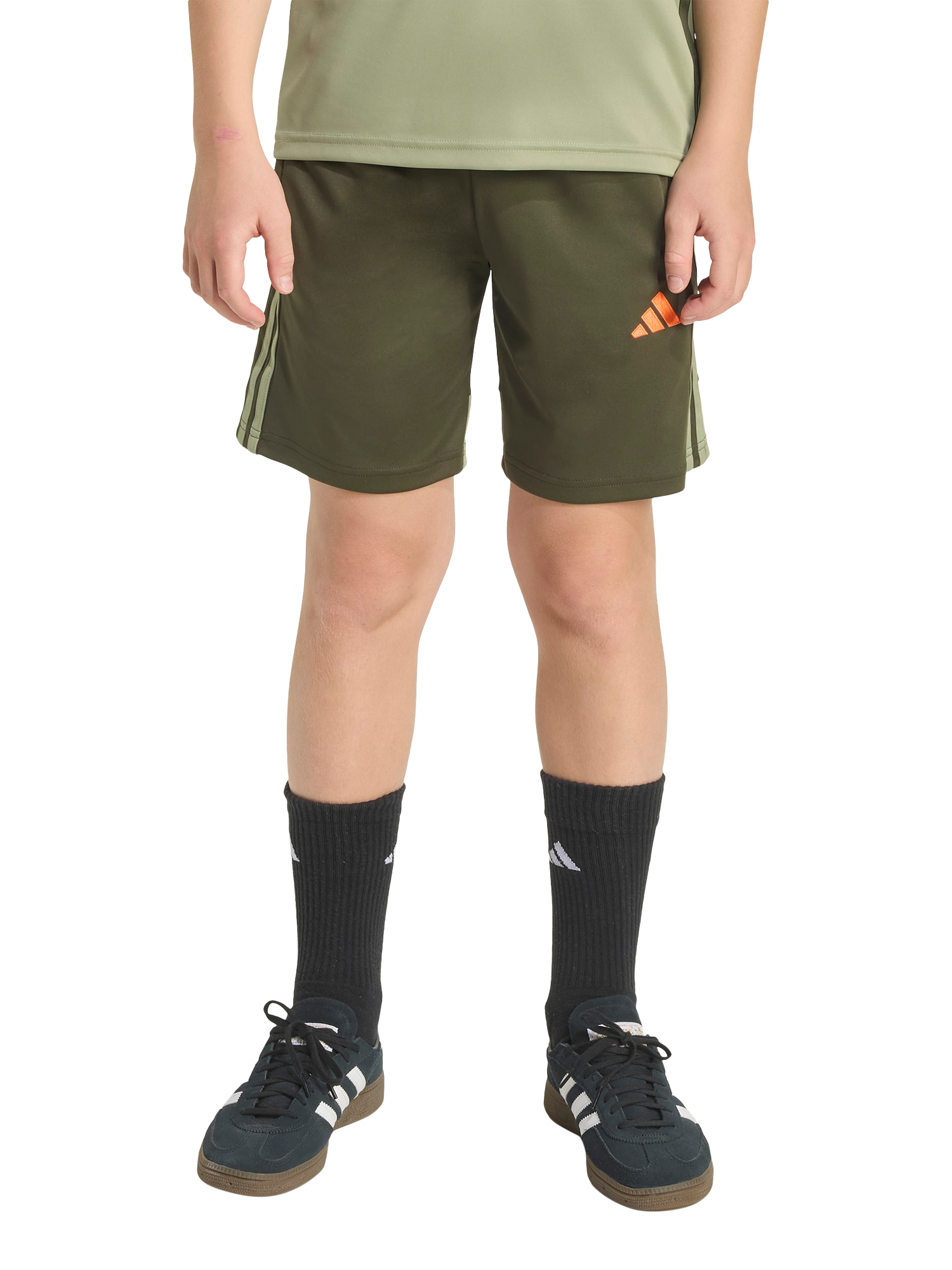 Product image 1 of 6, which shows adidas Kids' Tiro25 Essentials Shorts, Black/Green, 7-8 years