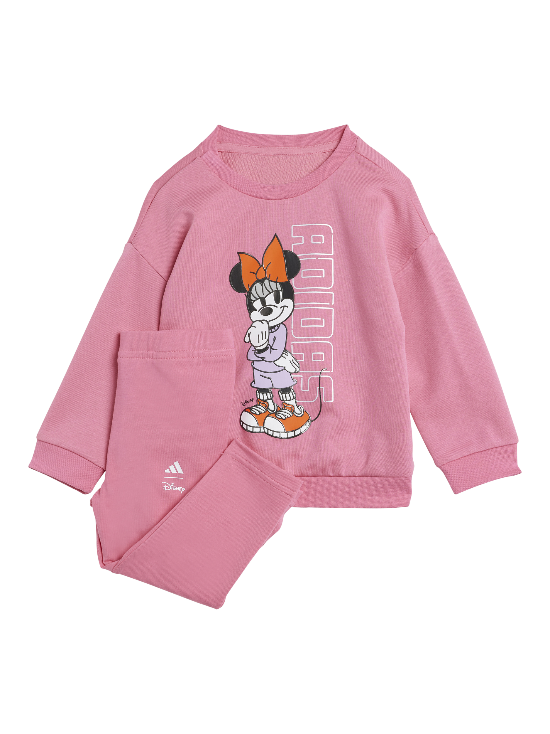 Product image 1 of 6, which shows adidas Kids' Minnie Mouse Cotton Blend T-Shirt and Joggers Set, Pink, 9-12 months