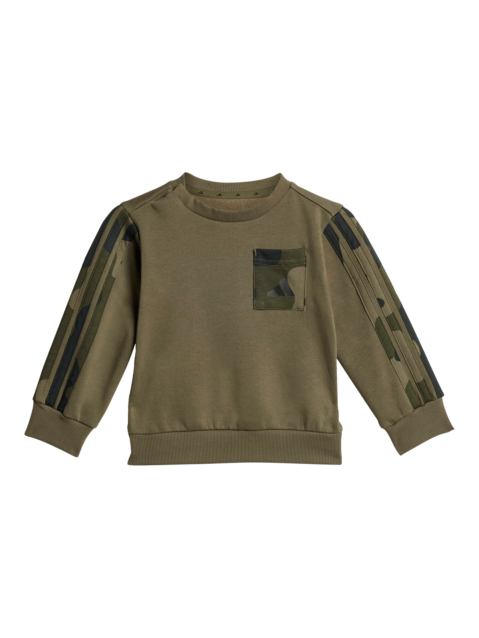 Product image 2 of 6, which shows addias Kids' Cotton Blend Camo Top and Joggers Set, Olive Strata/Black, 9-12 months