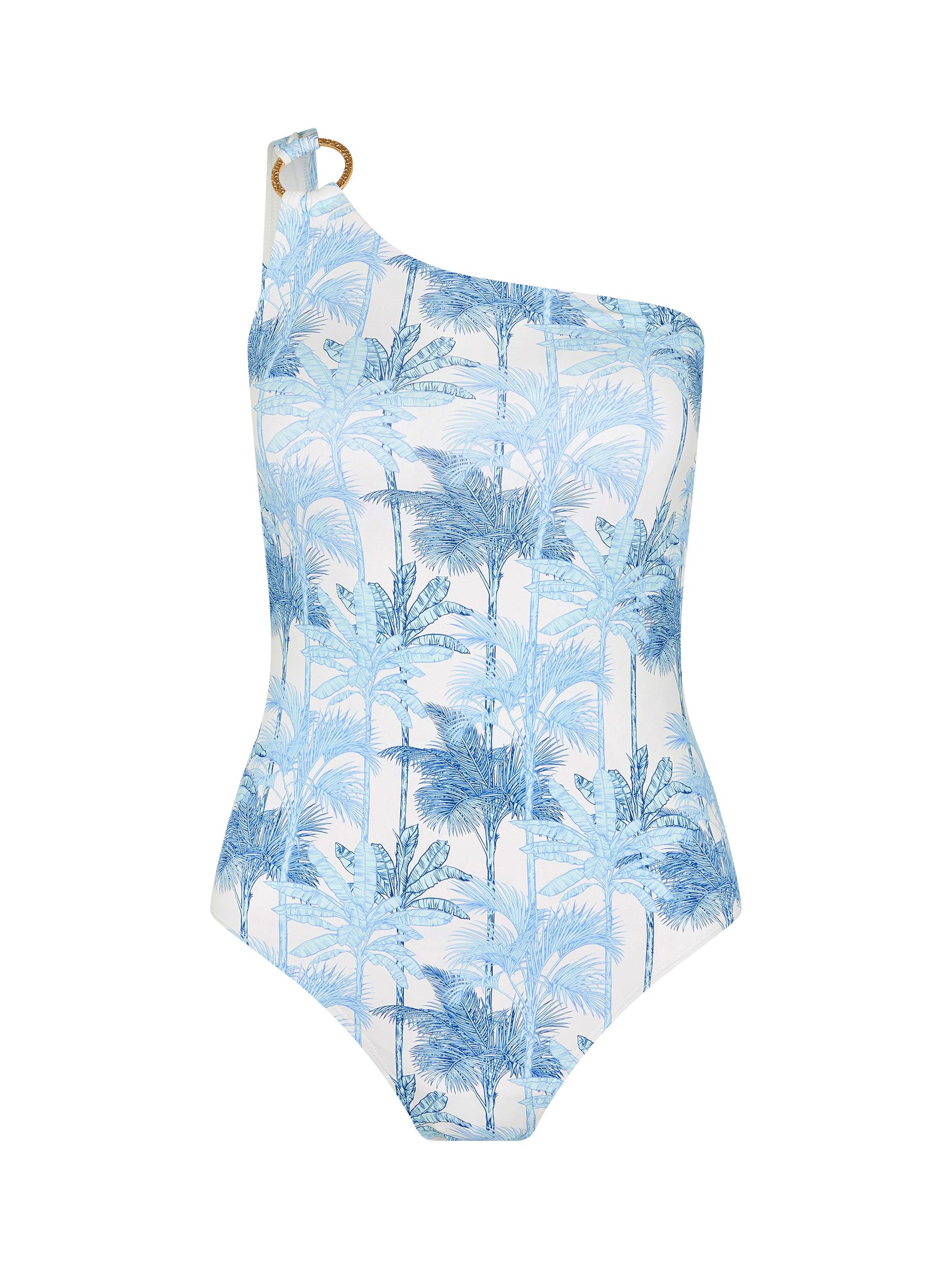 Product image 3 of 4, which shows Accessorize Palm Print One-Shoulder Swimsuit, White/Multi, 6