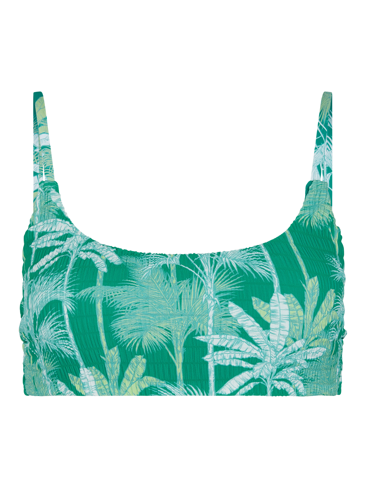 Product image 3 of 4, which shows Accessorize Palm Print Smocked Bralette Bikini Top, Green, 14