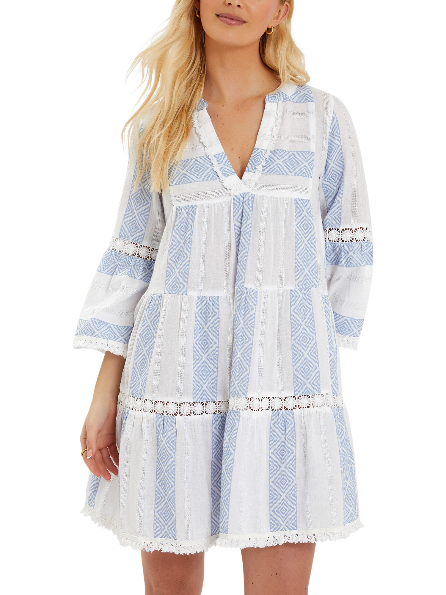 Product image 1 of 4, which shows Accessorize Jacquard Flute-Sleeve Mini Dress, Blue/Multi, M