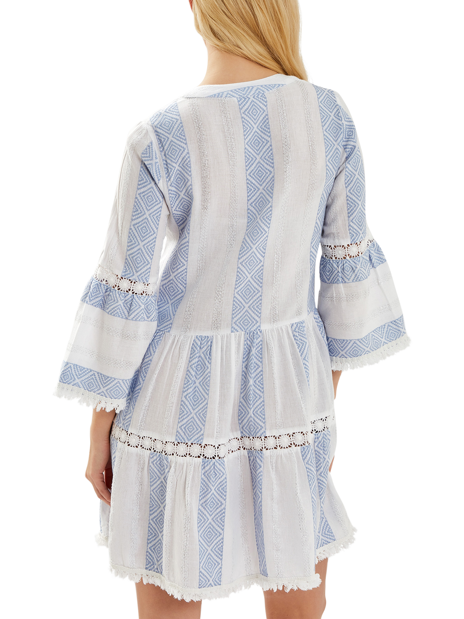 Product image 2 of 4, which shows Accessorize Jacquard Flute-Sleeve Mini Dress, Blue/Multi, M
