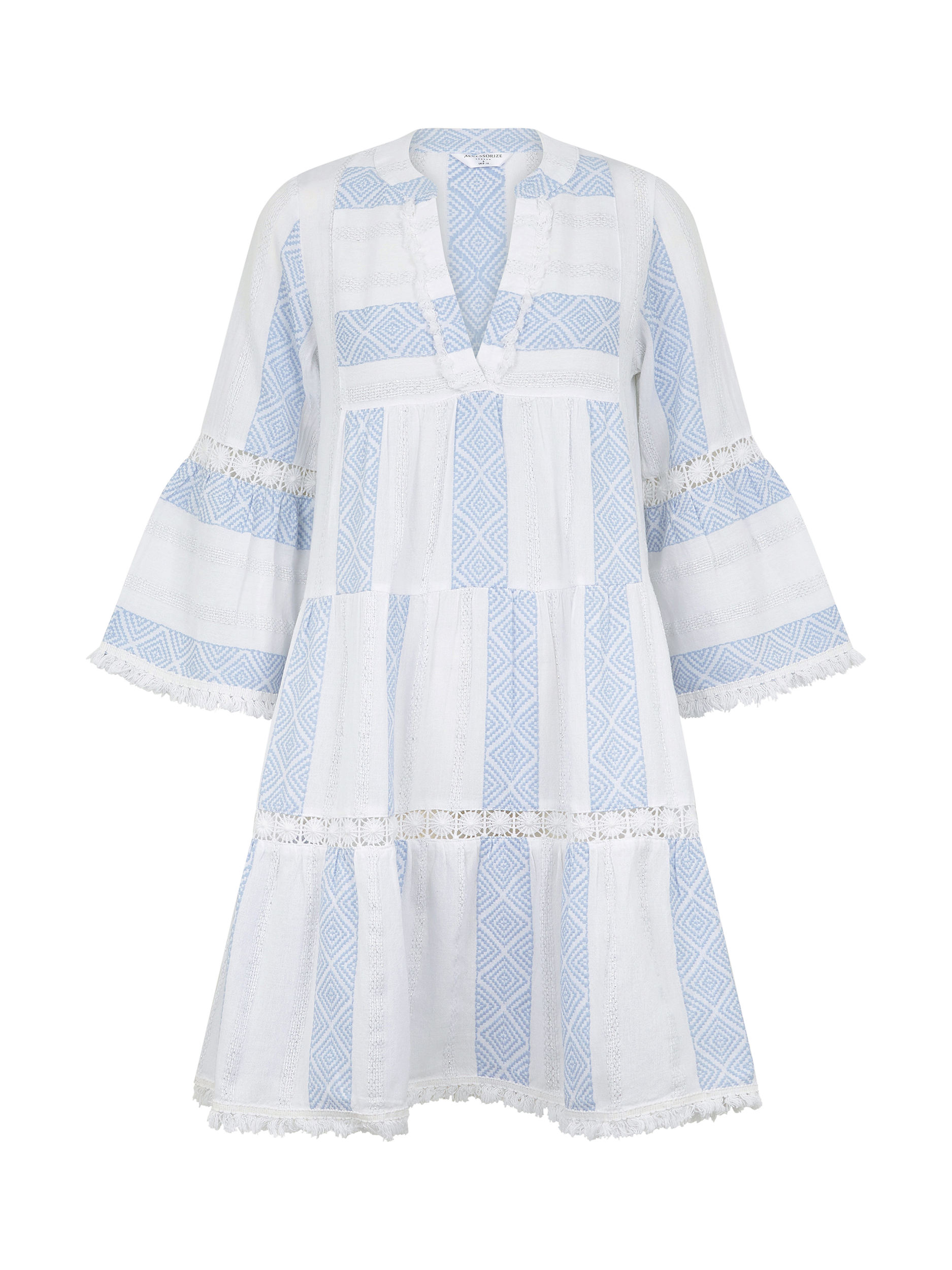 Product image 3 of 4, which shows Accessorize Jacquard Flute-Sleeve Mini Dress, Blue/Multi, M