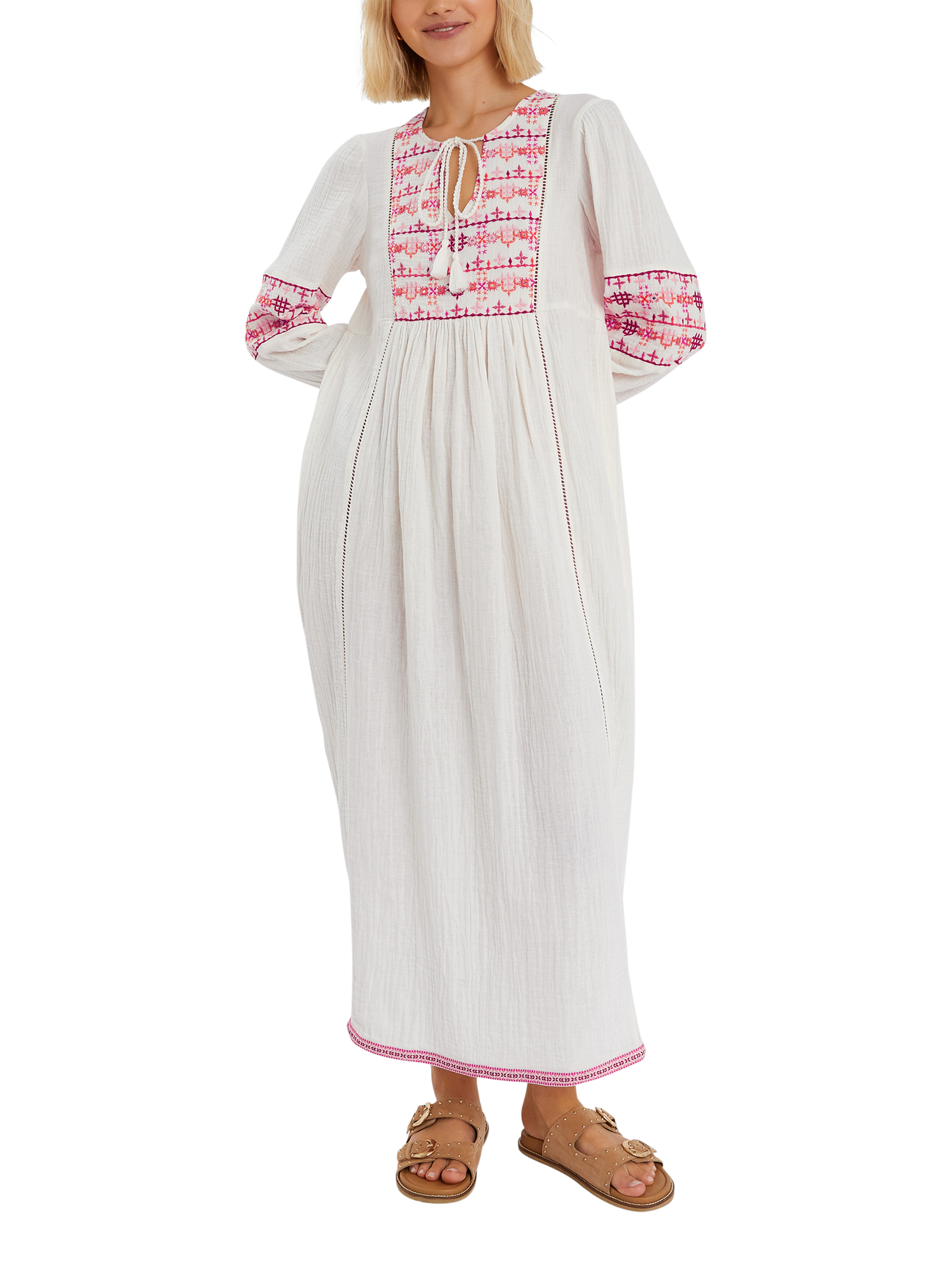 Accessorize Embroidered Long Sleeve Maxi Dress, Ivory