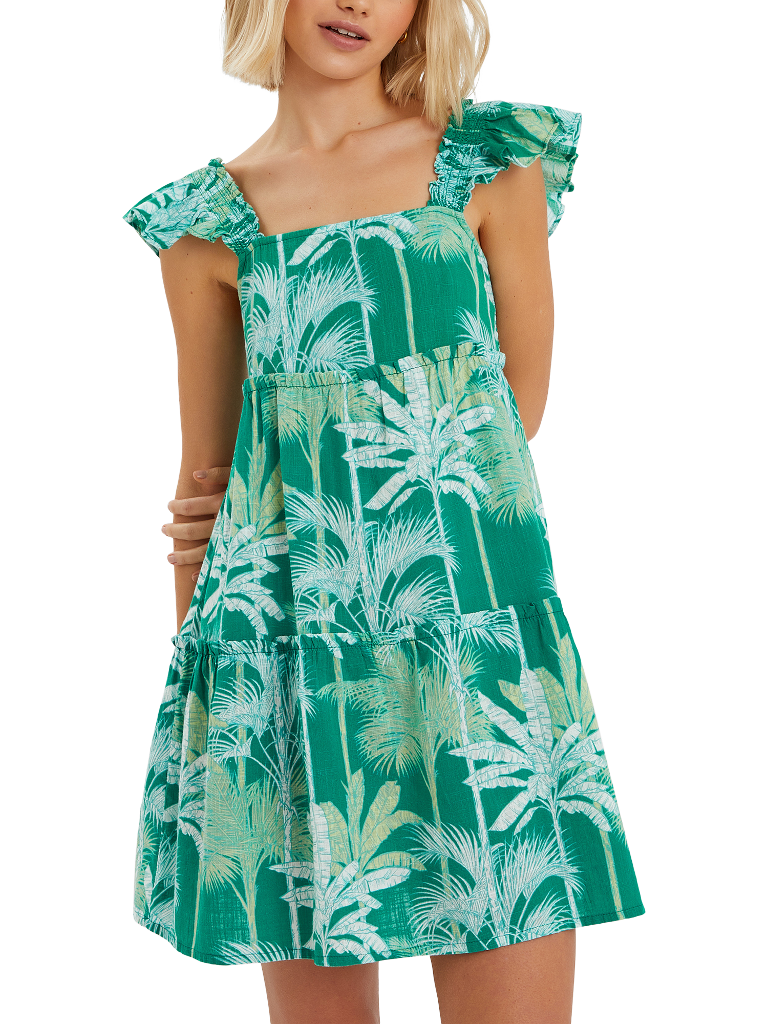 Accessorize Palm Print Frill Mini Dress, Green