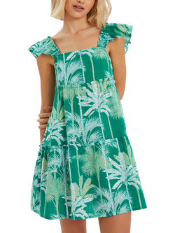 Accessorize Palm Print Frill Mini Dress, Green, Green