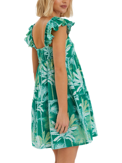 Accessorize Palm Print Frill Mini Dress, Green - view 2, Green