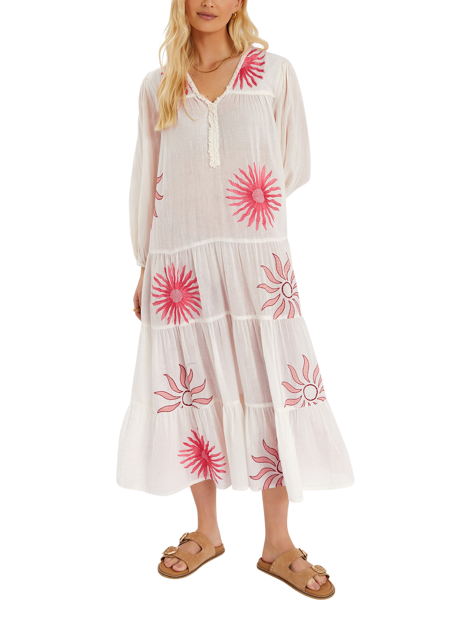 Product image 1 of 4, which shows Accessorize Sun Embroidered Long-Sleeve Maxi Dress, Ivory, S
