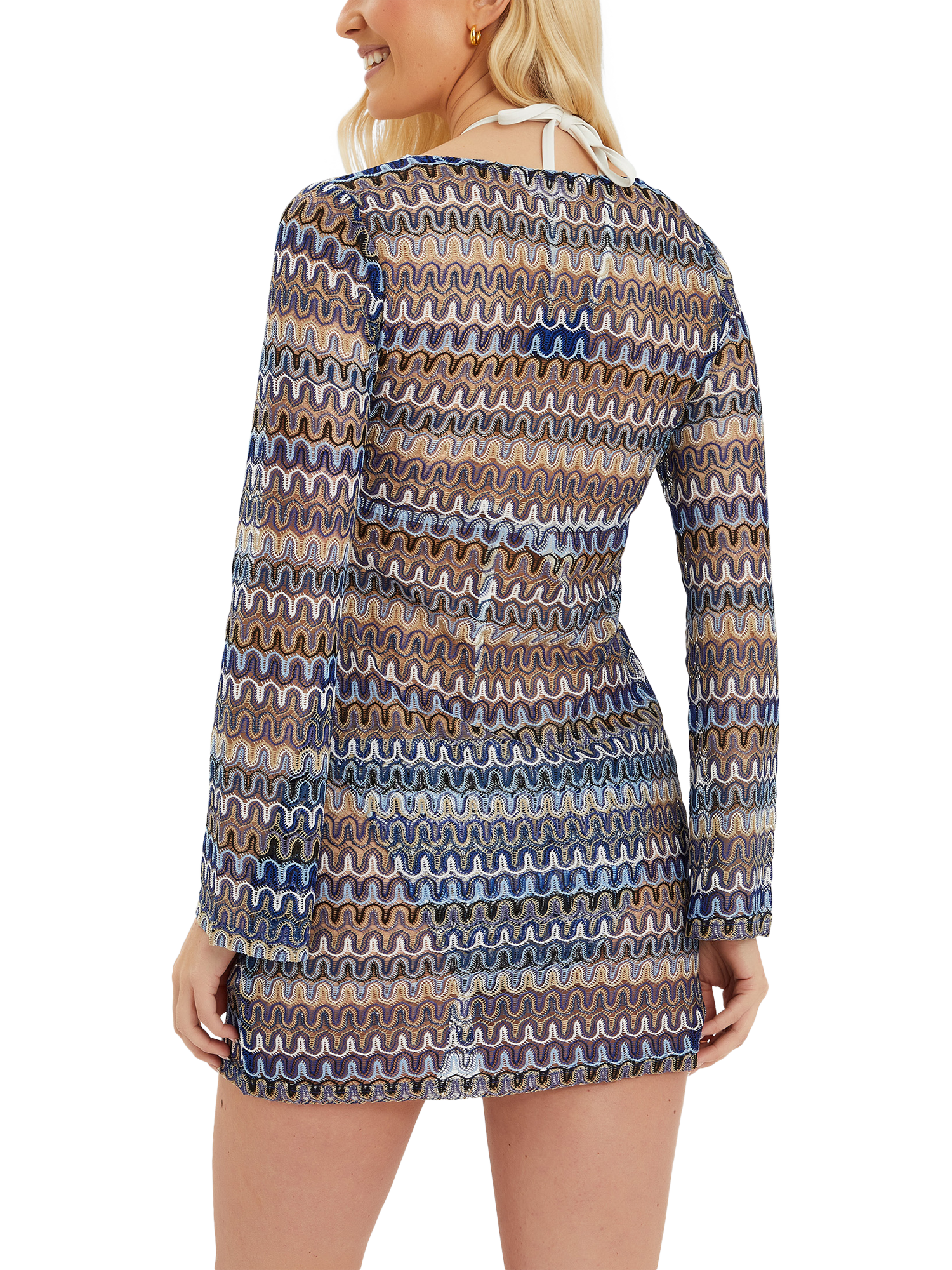 Product image 2 of 4, which shows Accessorize Sheer Stitch Beach Cover-Up Mini Dress, Blue, XS