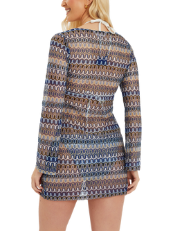 Accessorize Sheer Stitch Beach Cover-Up Mini Dress, Blue - view 2, Blue