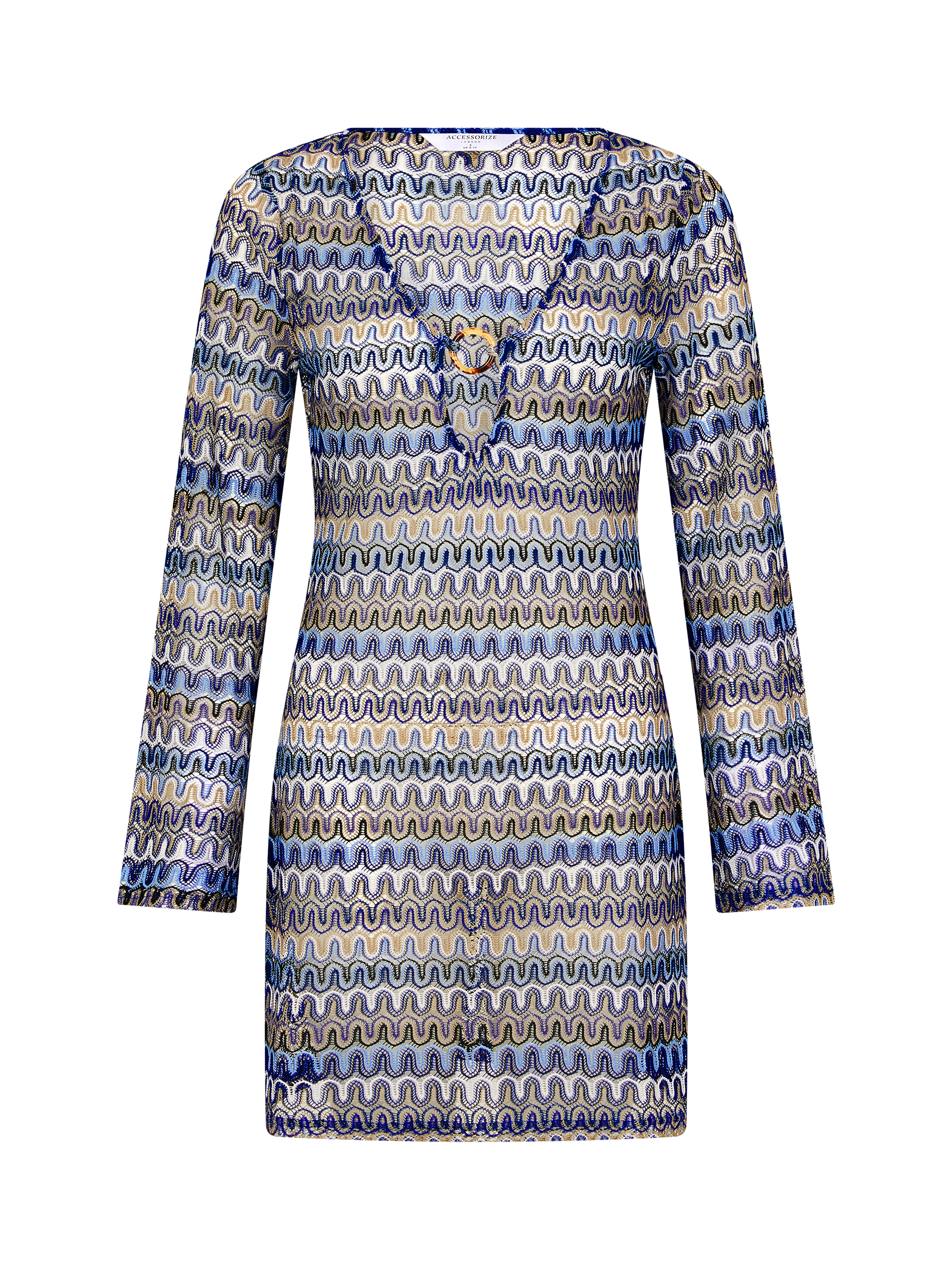 Product image 3 of 4, which shows Accessorize Sheer Stitch Beach Cover-Up Mini Dress, Blue, XS