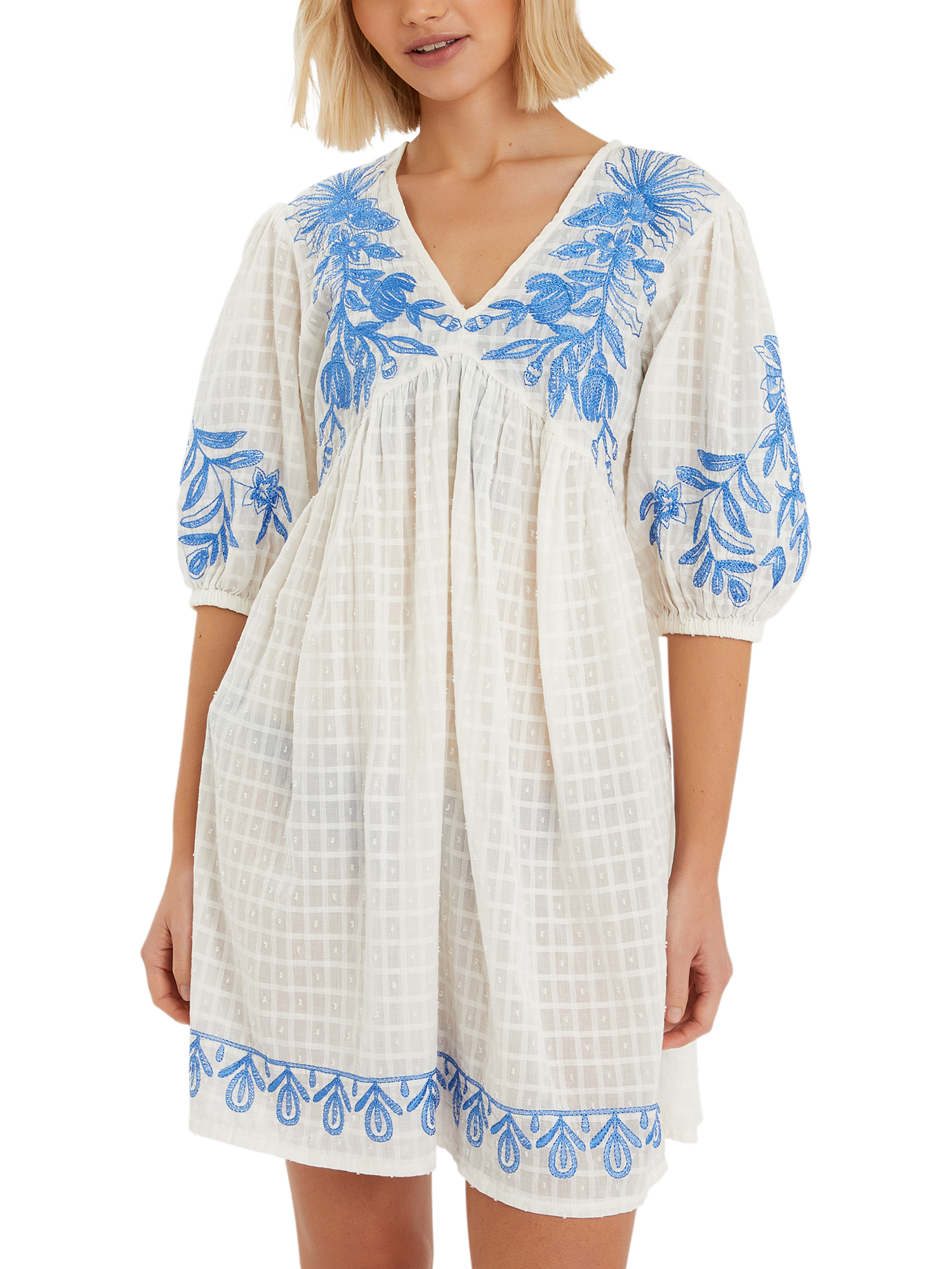 Product image 1 of 4, which shows Accessorize Embroidered Floral Kaftan, White/Blue, XL