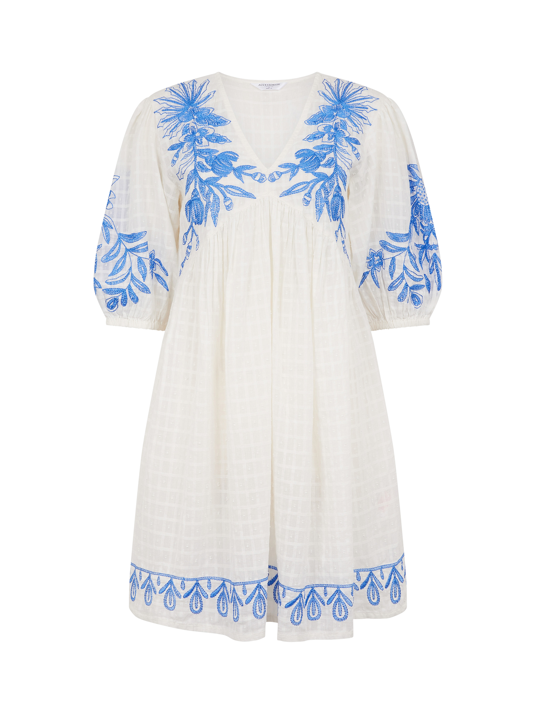 Product image 3 of 4, which shows Accessorize Embroidered Floral Kaftan, White/Blue, XL