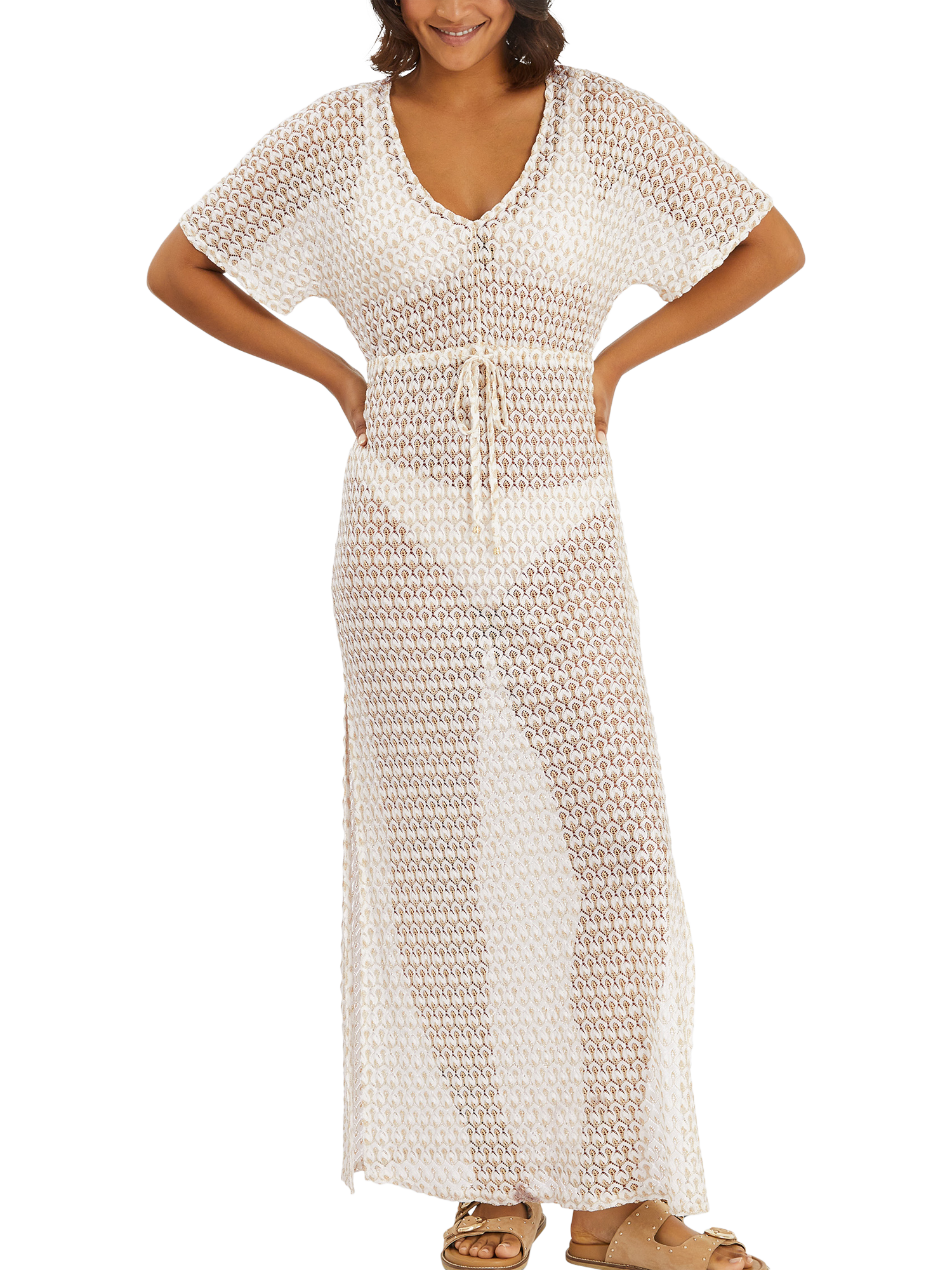 Product image 1 of 5, which shows Accessorize Knitted Maxi Kaftan Dress, Gold, XS