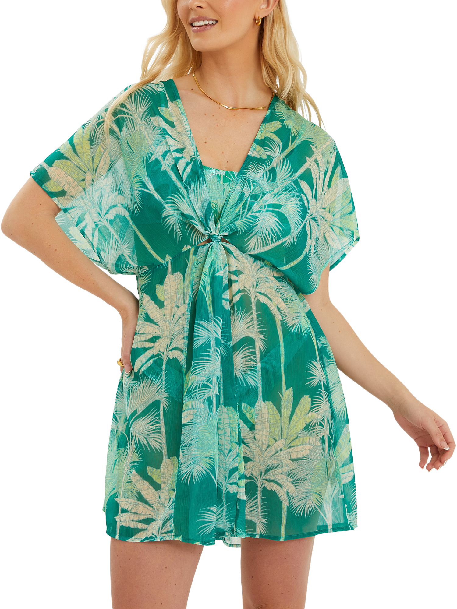 Product image 1 of 4, which shows Accessorize Palm Print Chiffon Mini Kaftan, Green, XS
