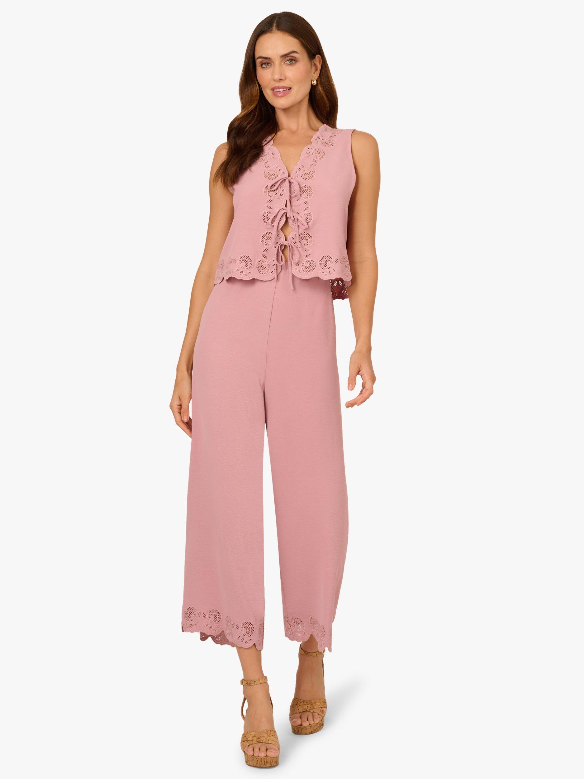 Product image 1 of 6, which shows Adrianna Papell Tie Front Floral Lace Top & Trousers Set, Deauville Mauve, XS