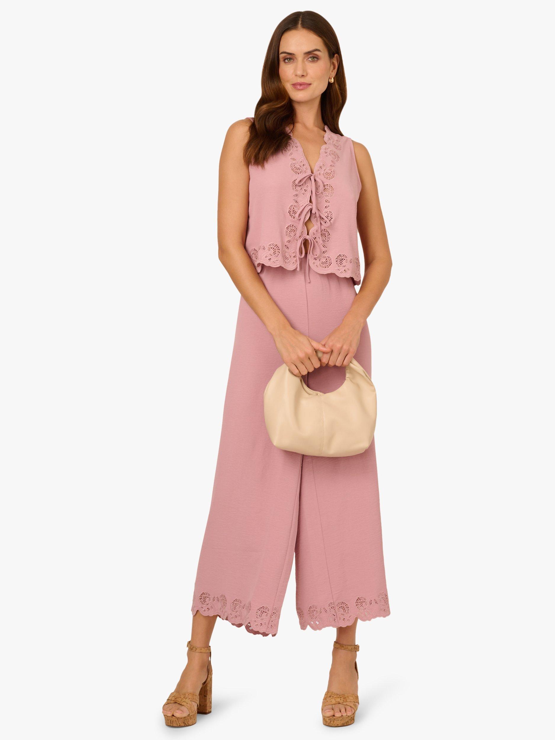 Product image 3 of 6, which shows Adrianna Papell Tie Front Floral Lace Top & Trousers Set, Deauville Mauve, XS