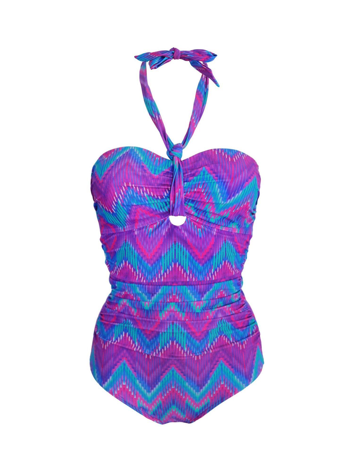 Product image 8 of 9, which shows Pour Moi Malibu Halter Strapless Tummy Control Swimsuit, Purple/Multi, 10