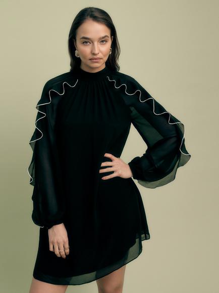 FLORERE Contrast Ruffle Mini Dress, Black, Black