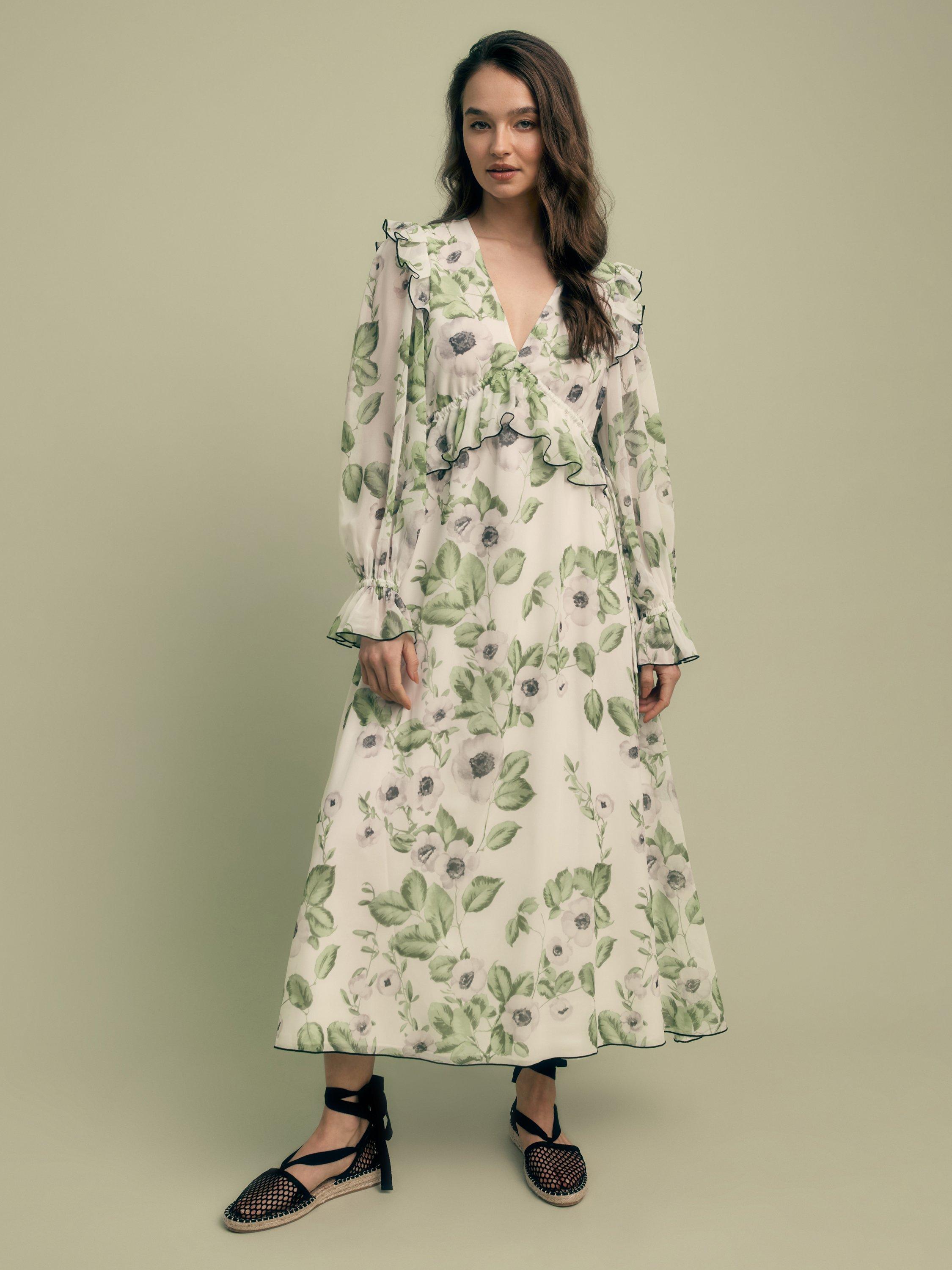Product image 1 of 5, which shows FLORERE Floral Print V-Neck Ruffle Midi Dress, Multi, 8