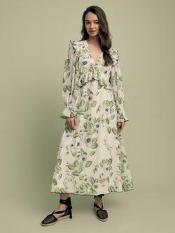 FLORERE Floral Print V-Neck Ruffle Midi Dress, Multi, Multi