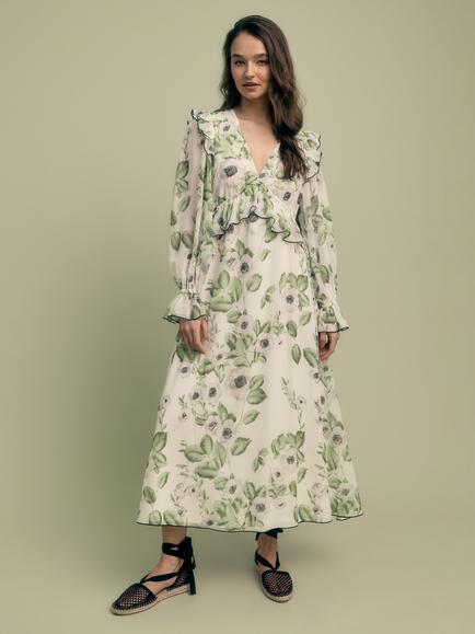 FLORERE Floral Print V-Neck Ruffle Midi Dress, Multi, Multi