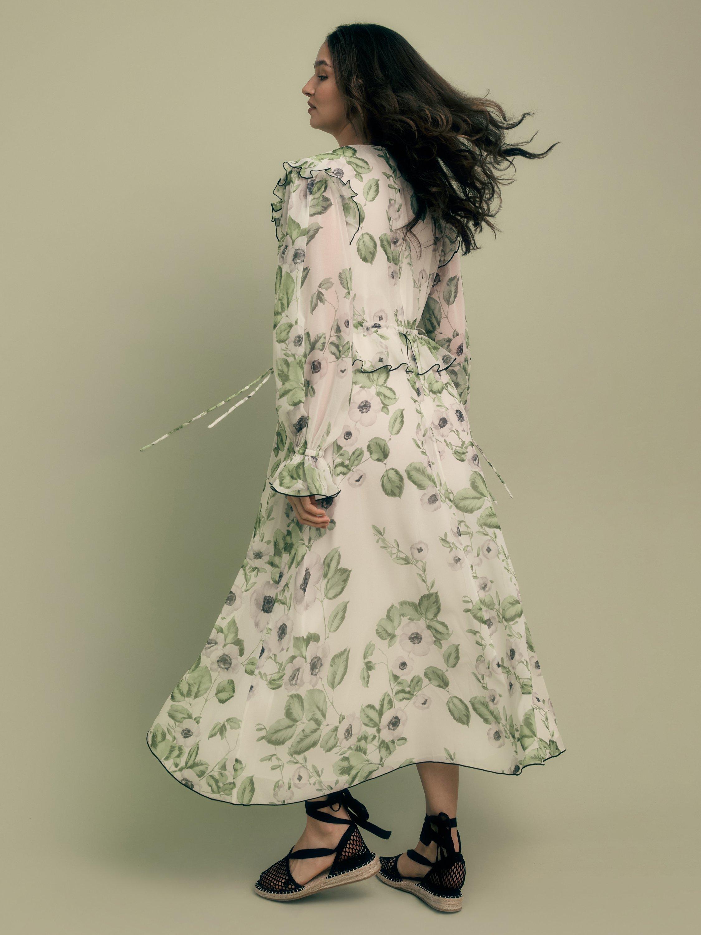 Product image 3 of 5, which shows FLORERE Floral Print V-Neck Ruffle Midi Dress, Multi, 8