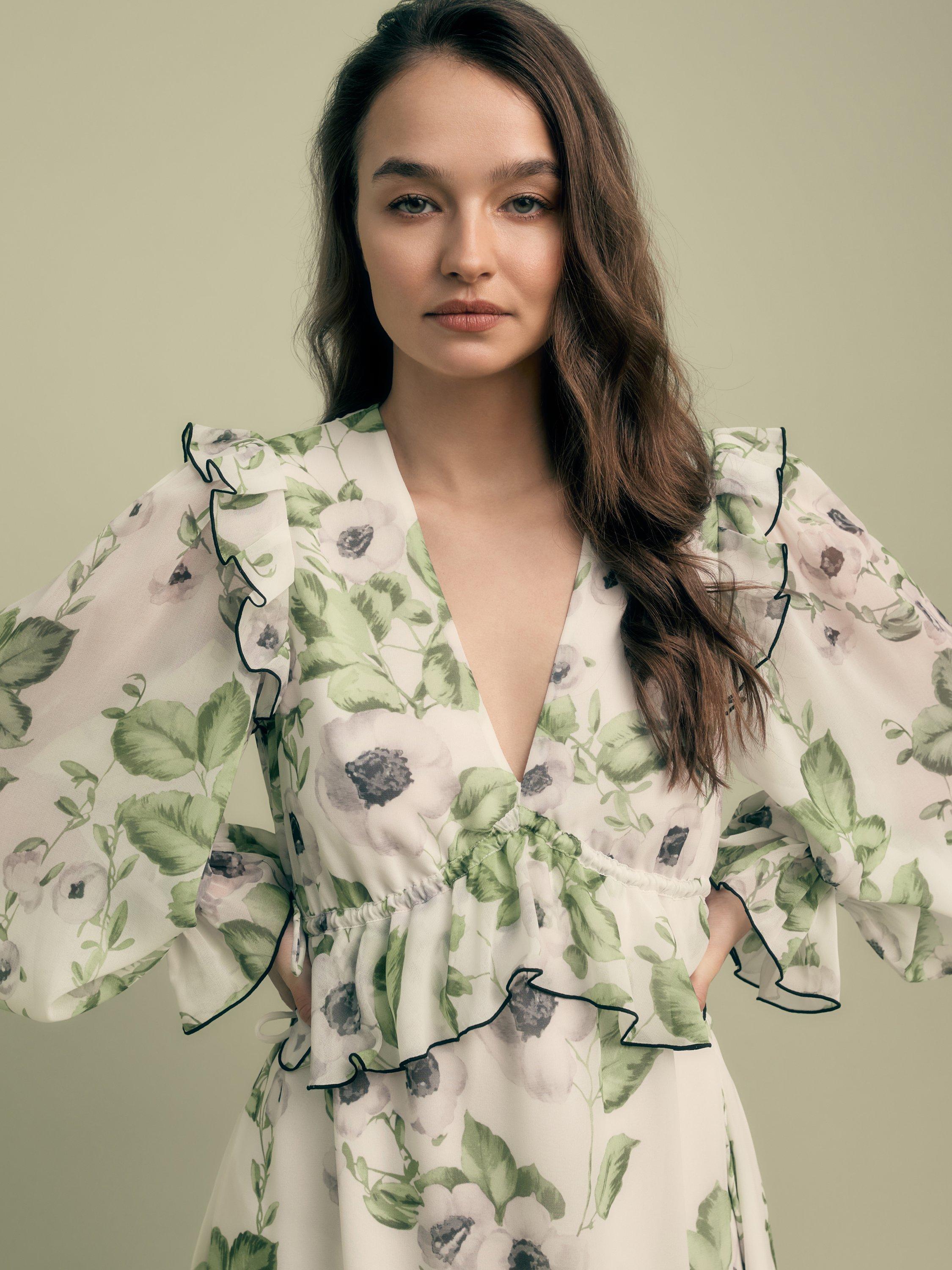 Product image 4 of 5, which shows FLORERE Floral Print V-Neck Ruffle Midi Dress, Multi, 8