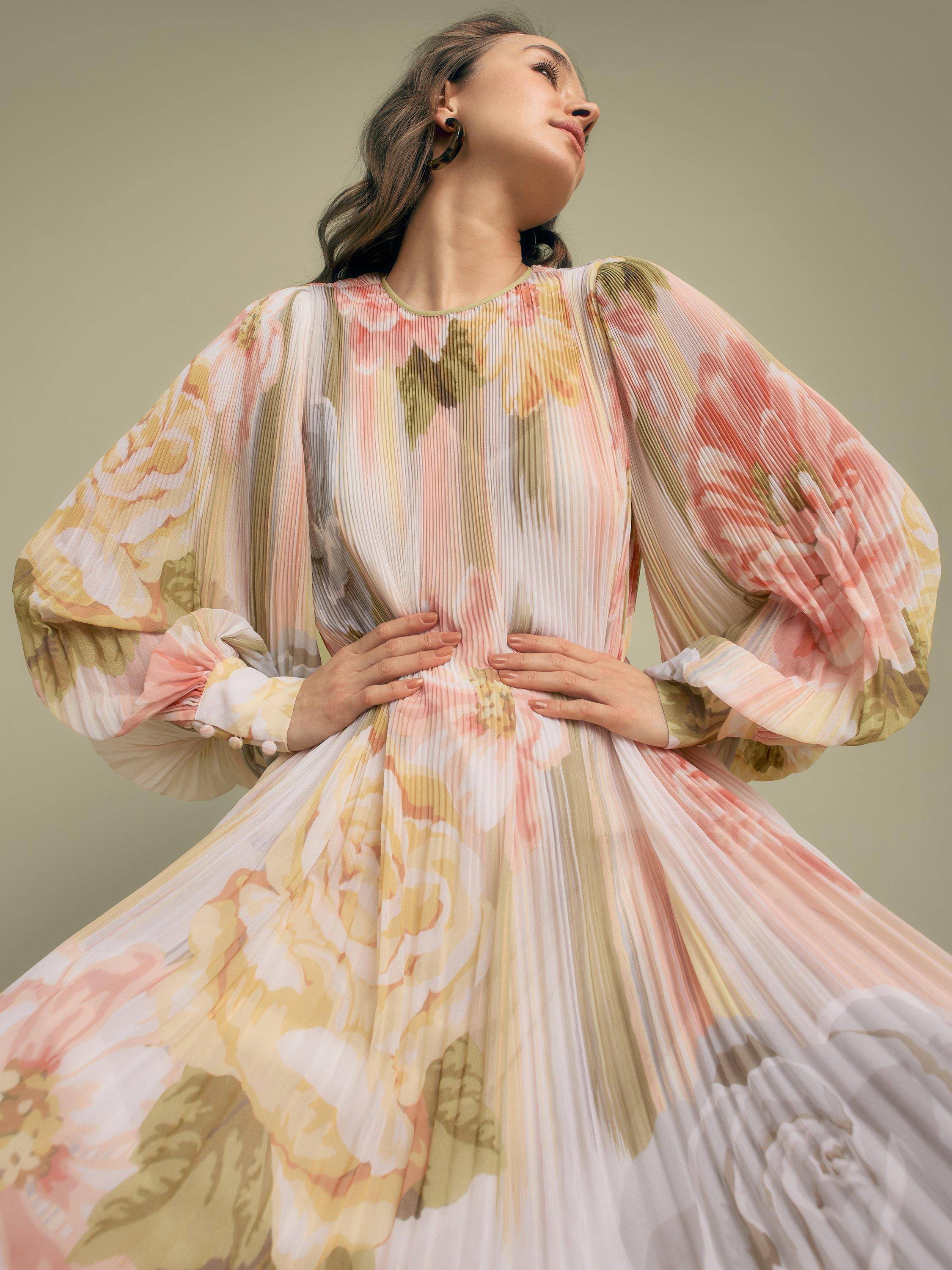 Product image 2 of 6, which shows FLORERE Floral Print Blouson Sleeve Pleated Midi Dress, Multi, 6