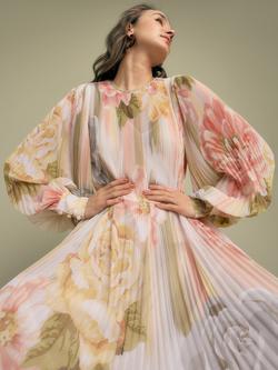 FLORERE Floral Print Blouson Sleeve Pleated Midi Dress, Multi - view 2, Multi