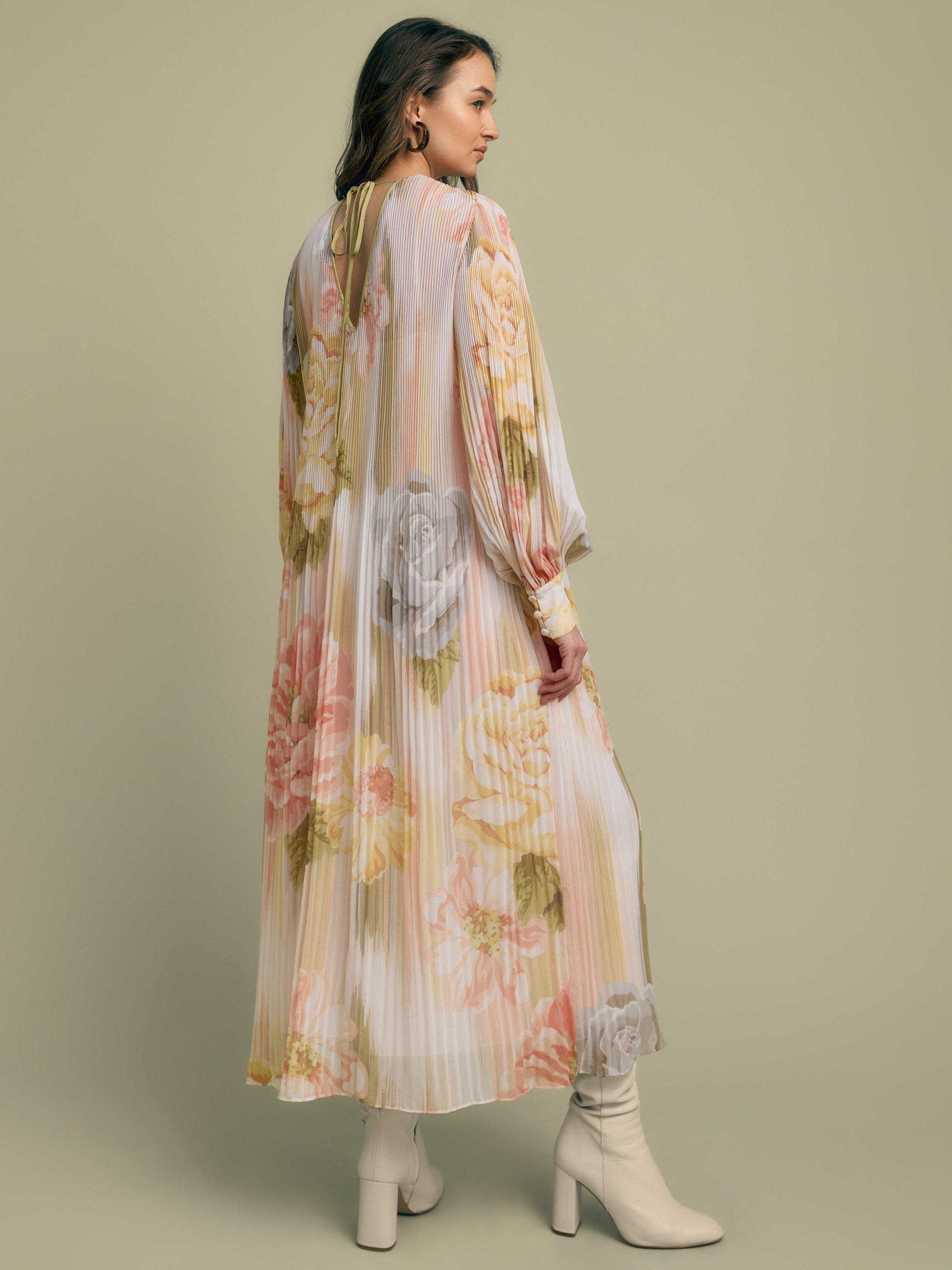 Product image 4 of 6, which shows FLORERE Floral Print Blouson Sleeve Pleated Midi Dress, Multi, 6