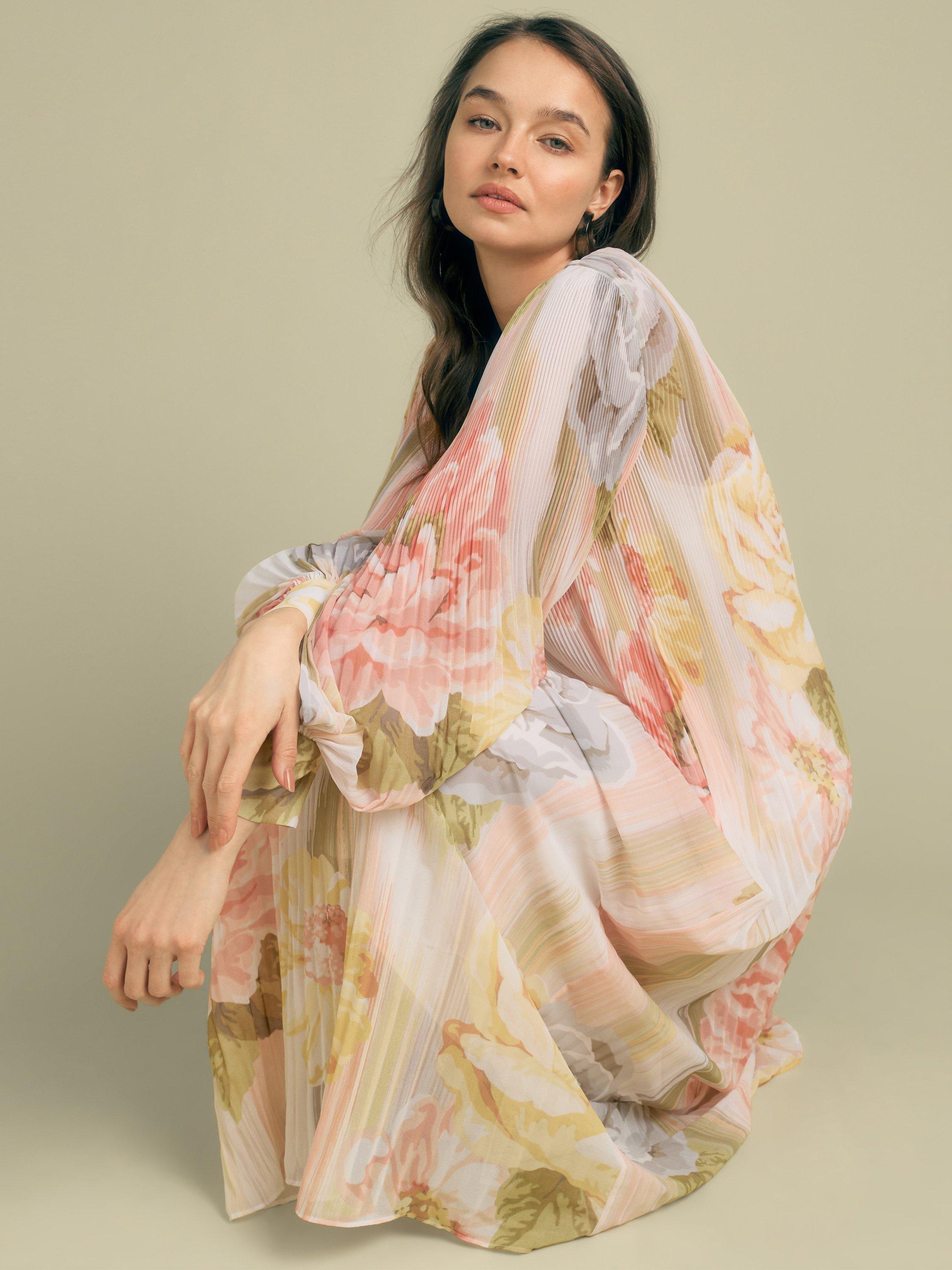 Product image 5 of 6, which shows FLORERE Floral Print Blouson Sleeve Pleated Midi Dress, Multi, 6